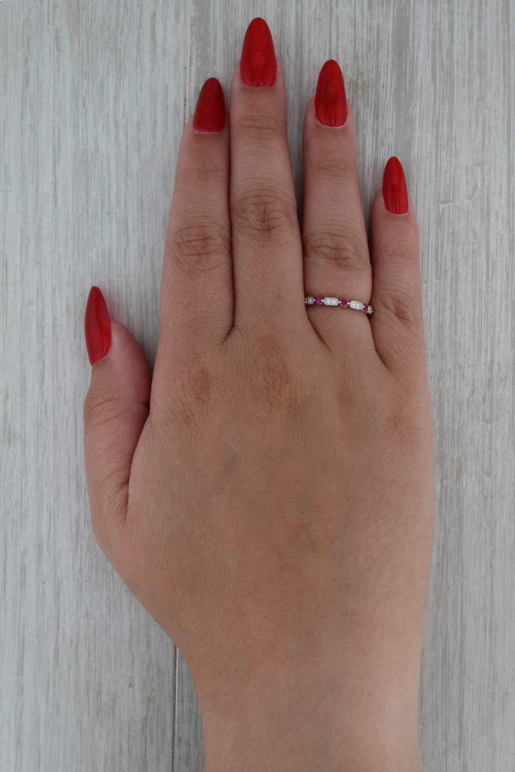 New 0.25ctw Diamond Ruby Stackable Ring 14k White Gold Size 6.5 Wedding Band