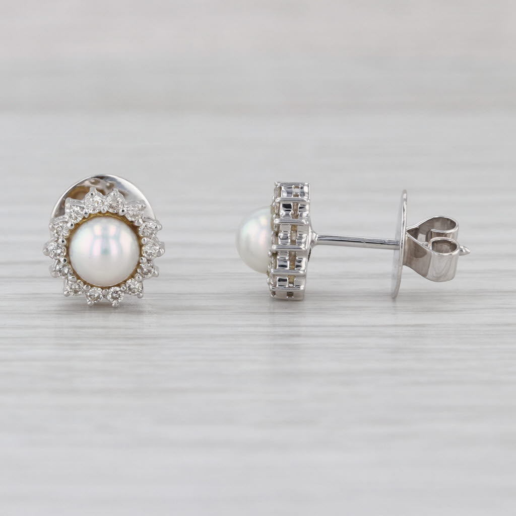 0.30ctw Diamond Halo Cultured Pearl Stud Earrings 10k White Gold Round Studs