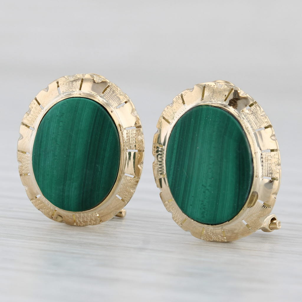 Light Gray Green Malachite Oval Cabochon Stud Earrings 14k Yellow Gold Omega Backs