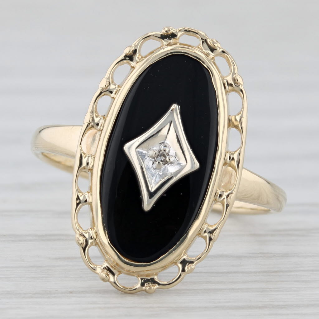 Light Gray Vintage Onyx Diamond Signet Ring 10k Yellow White Gold Size 7.25