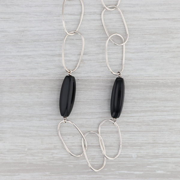 Gray Onyx Bead Oval Link Necklace Sterling Silver Long Layering Statement Chain