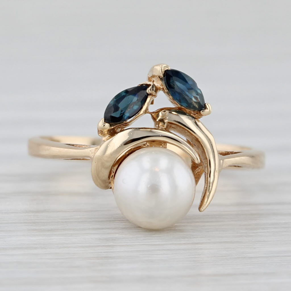 Light Gray Cultured Pearl 0.20ctw Blue Sapphire Flower Ring 14k Yellow Gold Size 5