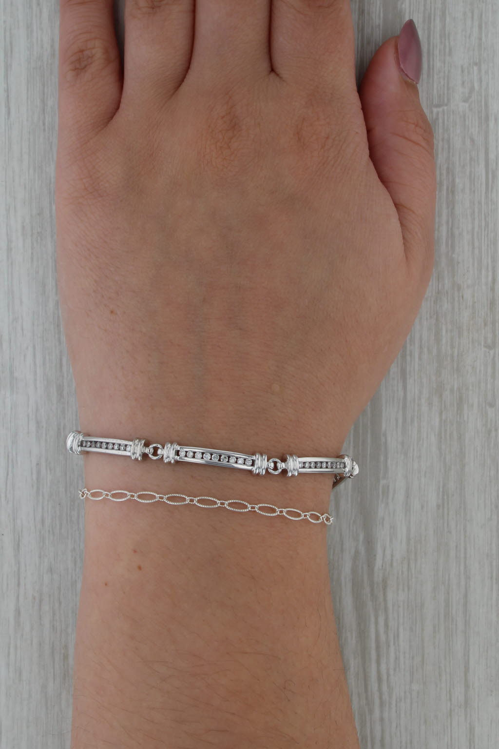 0.85ctw Diamond Bar Link Bracelet 14k White Gold 7" Toggle Clasp