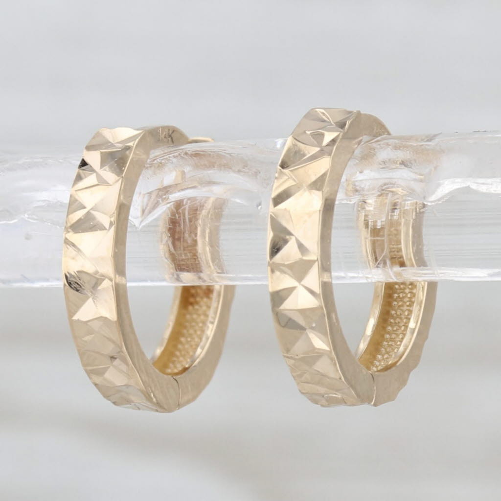 Etched Small Hoop Earrings 14k Yellow Gold Round Huggies Hoops 11.5 x 2.2mm