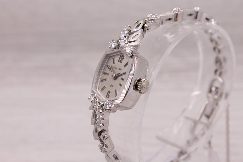 Gray Vintage Bulova 23 Ladies14k White Gold & Diamond Cocktail Wrist Watch Serviced