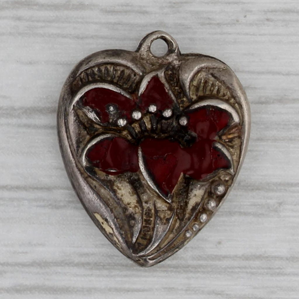 Gray Vintage Ornate Floral Puffy Heart Charm Sterling Silver Enamel Pendant Engraved