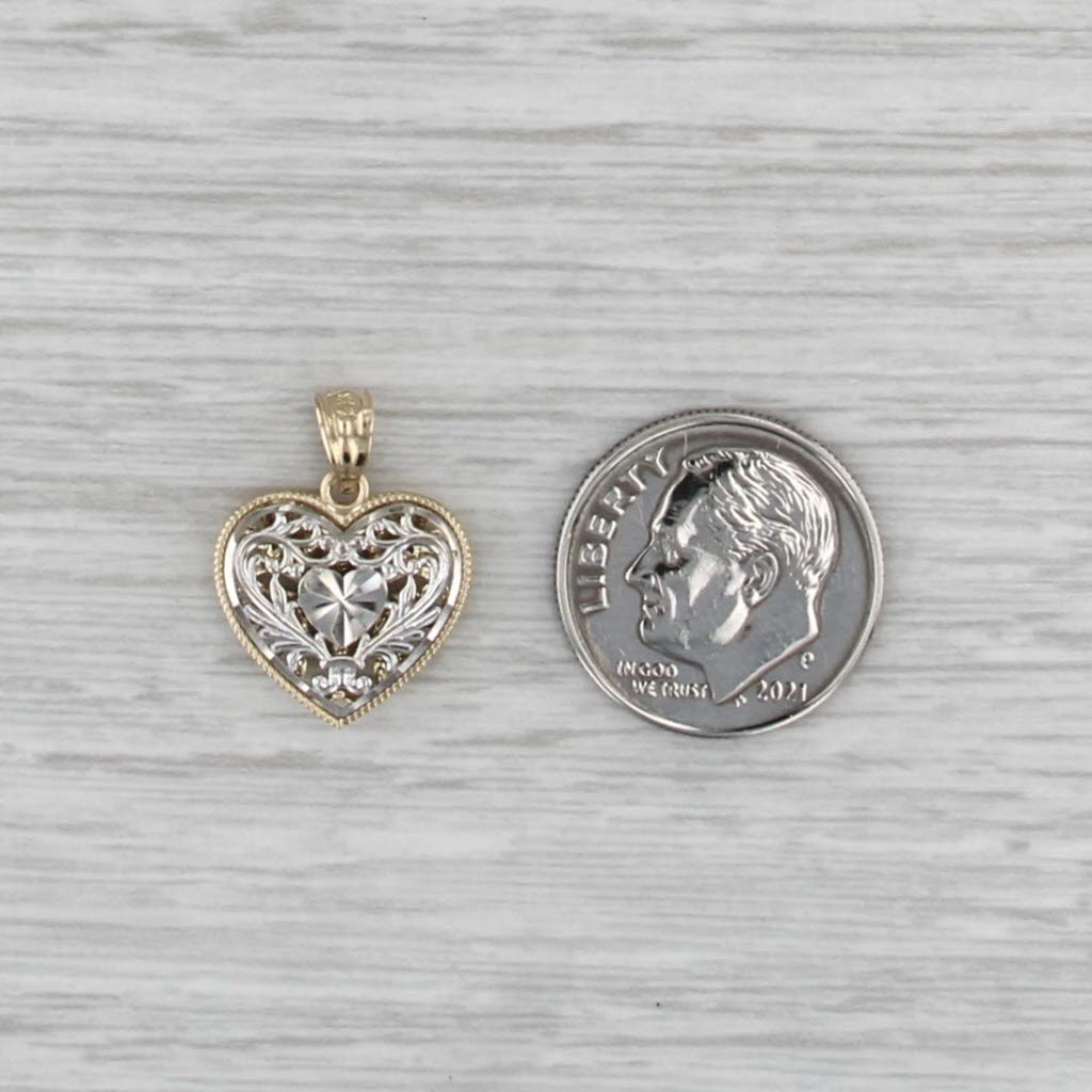 Reversible Heart Pendant 14k Yellow White Gold Ornate Filigree Open Work