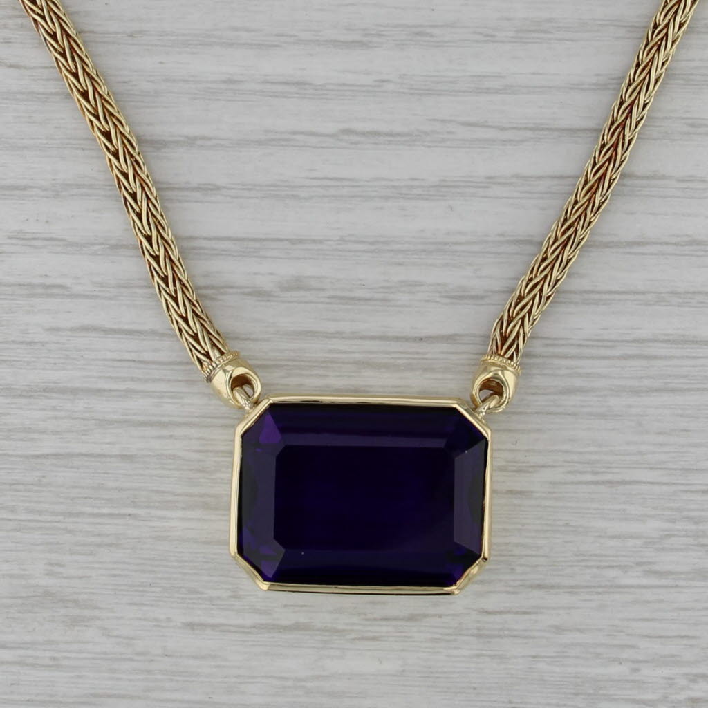 46.40ct Large Amethyst Pendant Necklace 18k Yellow Gold 19" Wheat Chain