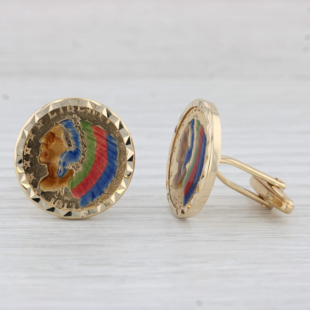 Light Gray Authentic Colorlized Indian Head Coin Cufflinks 18k 22k Gold 1912 1913 5 Dollars