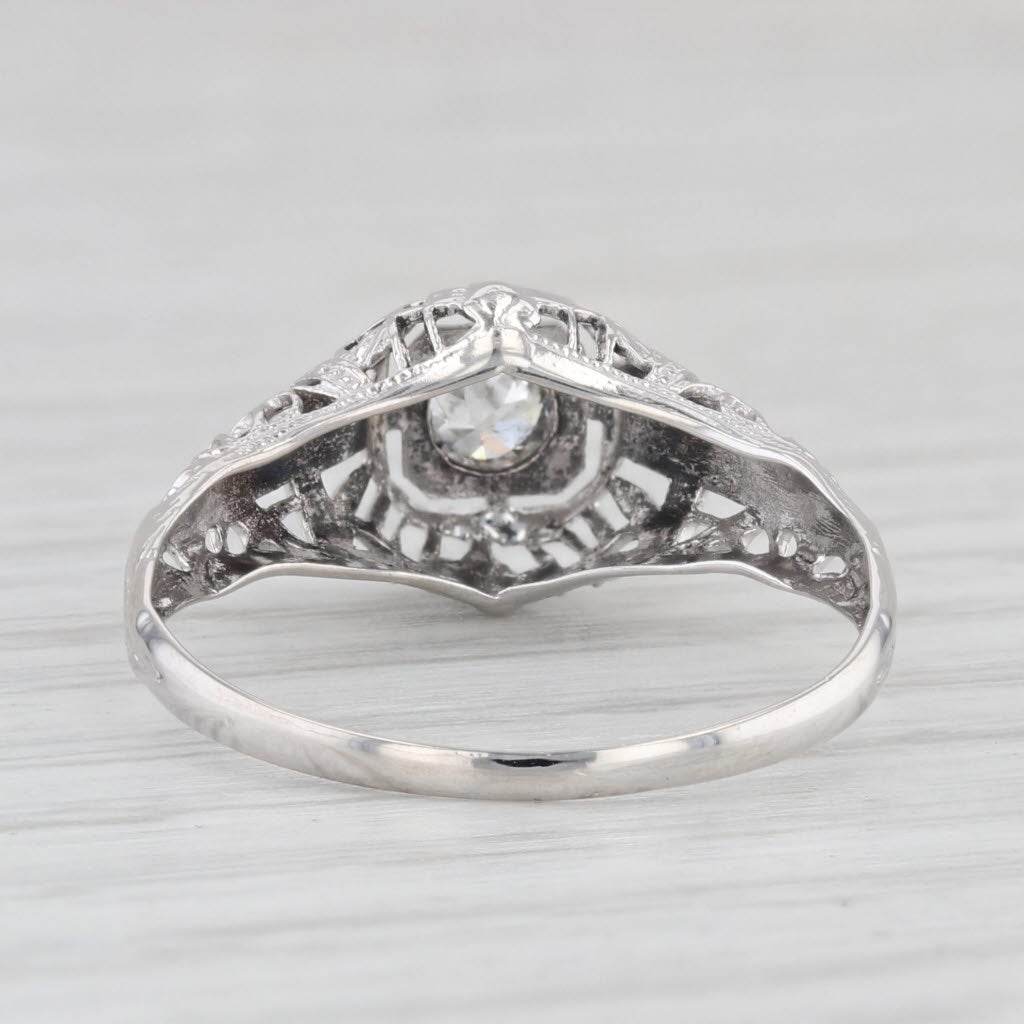 Light Gray Vintage Old European Diamond Solitaire Ring 14k White Gold Filigree Size 7.75