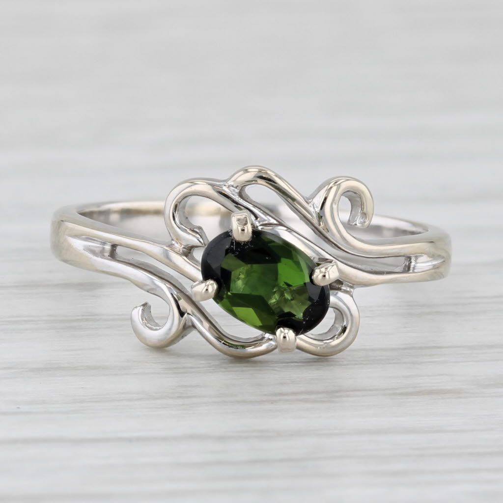 Light Gray 0.46ct Oval Green Tourmaline Solitaire Ring 14k White Gold Bypass Size 6.25