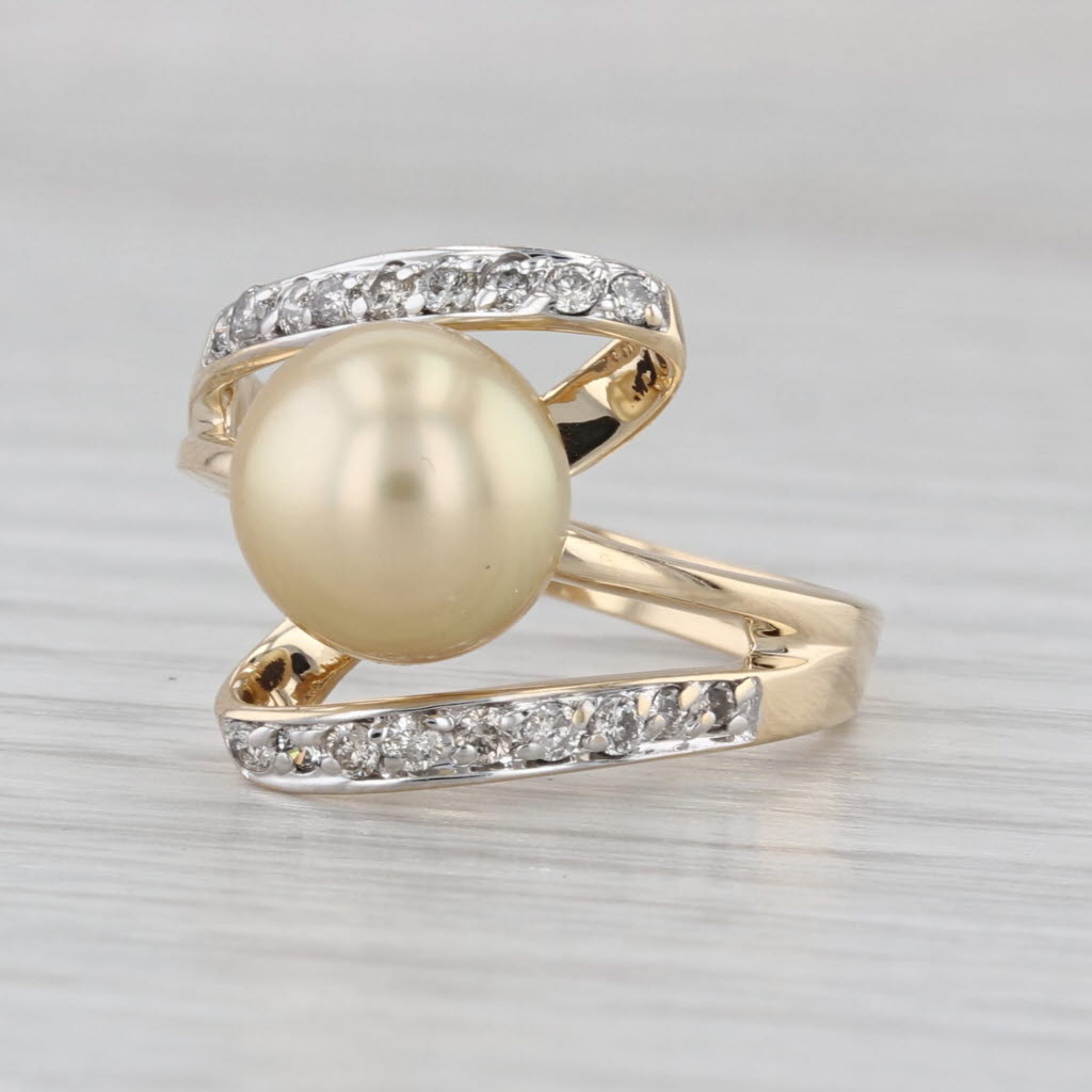 Golden Pearl 0.23ctw Diamond Bypass Ring 14k Yellow Gold Size 7