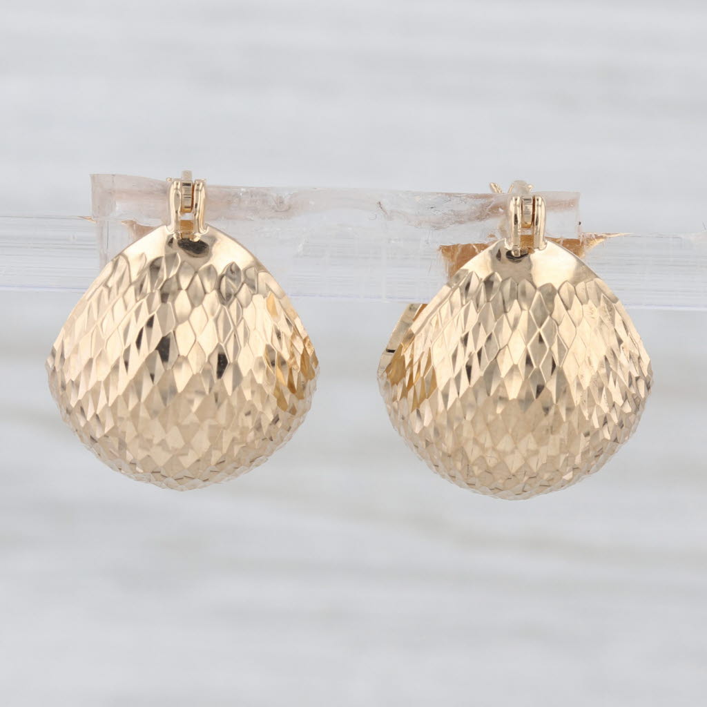 Etched Pattern Hoop Huggie Earrings 18k Yellow Gold Snap Top Posts