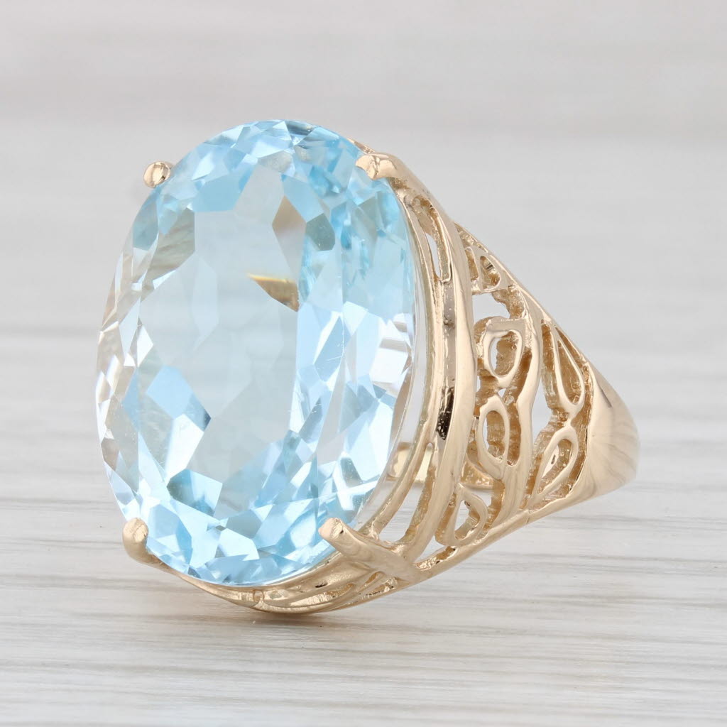 Light Gray 18ct Oval Blue Topaz Solitaire Ring 14k Yellow Gold Size 7.5 Openwork