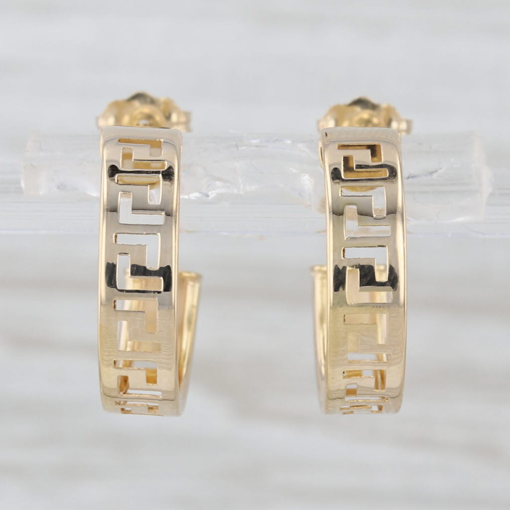 Greek Key Hoop Earrings 14k Yellow Gold Round Hoops