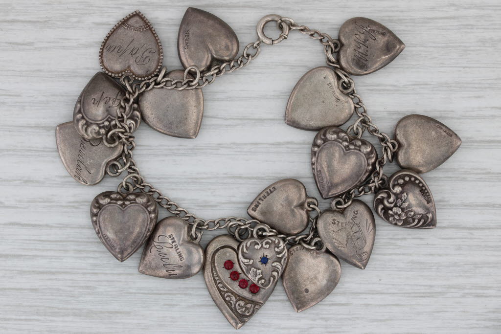 Gray Vintage Mixed Ornate Puffy Hearts Charm Bracelet Sterling Silver Enamel 7.25"