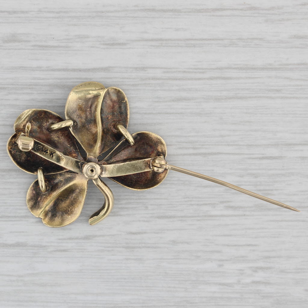 Gray Diamond 4 Leaf Clover Brooch 14k Yellow Gold Good Luck Shamrock Pin