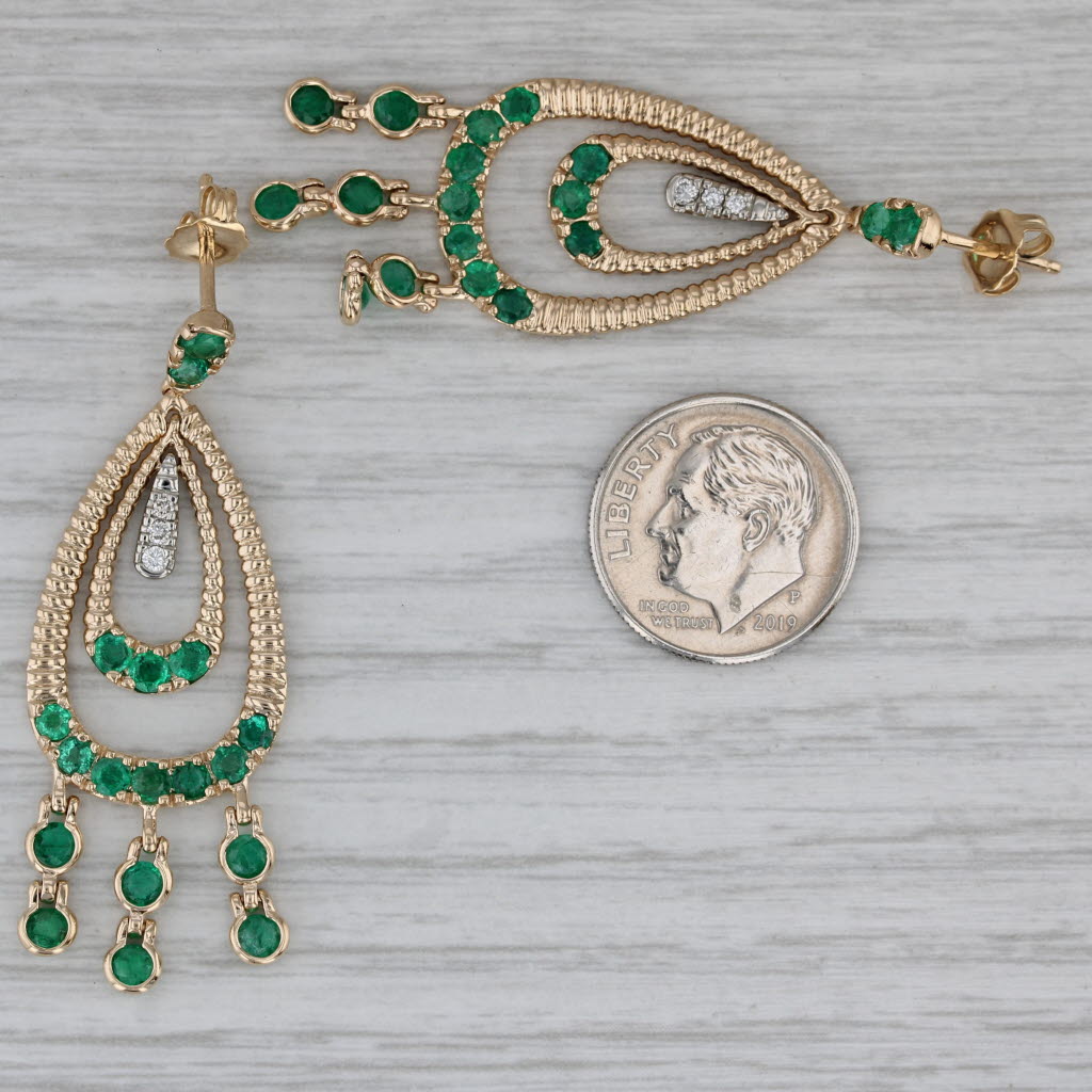 Gray 2.45ctw Emerald Diamond Teardrop Dangle Earrings 14k Yellow Gold Statement
