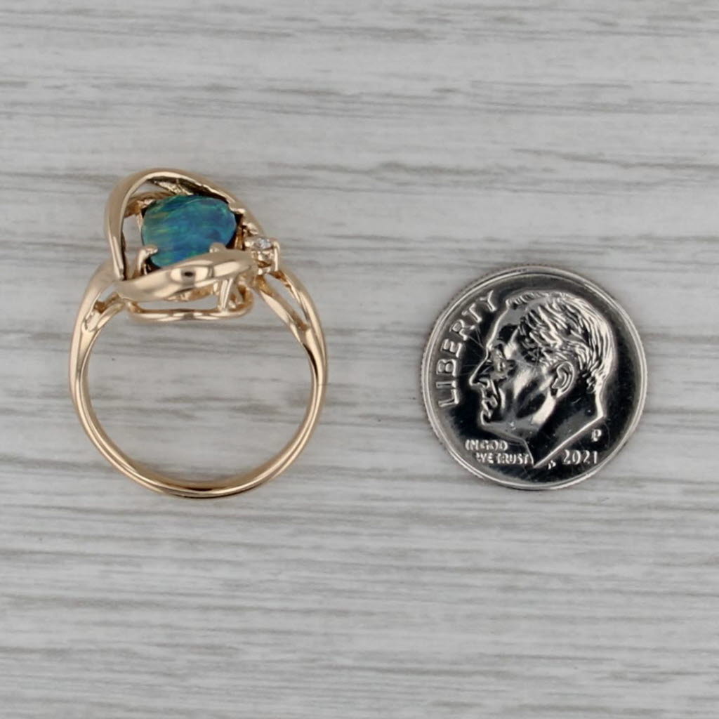 Baroque Oval Blue Green Opal Doublet Ring 14k Yellow Gold Diamond Accents Sz 7