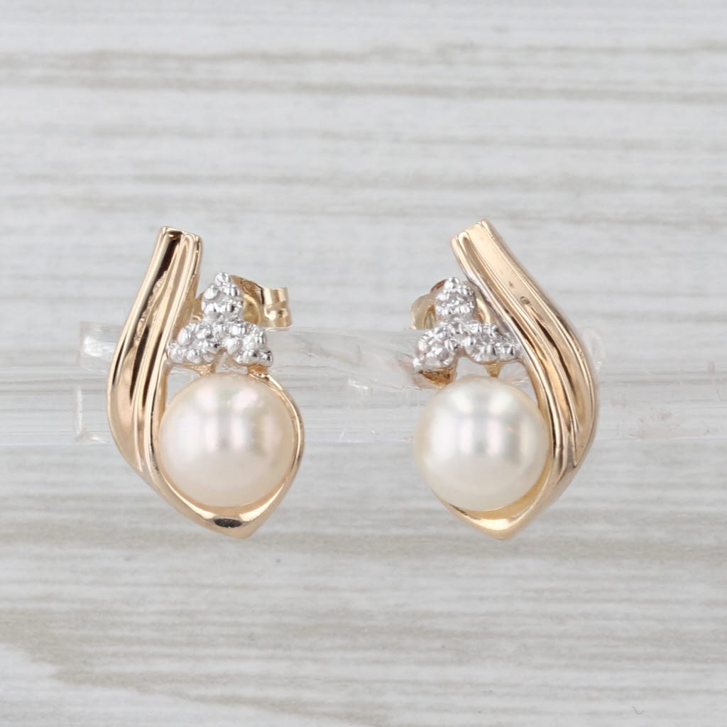 Cultured Pearl Diamond Teardrop Stud Earrings 14k Yellow Gold Studs