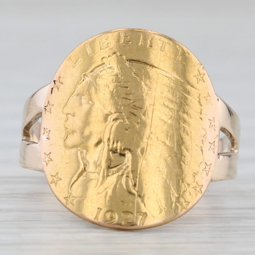 Light Gray Authentic 1927 $2.50 Pressed US Coin Ring 10k 900 Yellow Rose Gold Size 7.75