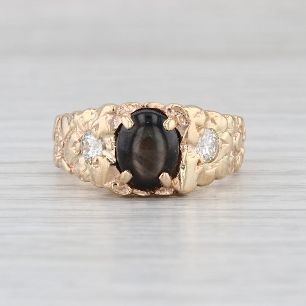 Black Star Sapphire Diamond Ring 14k Yellow Gold Nugget Pattern Size 8.5