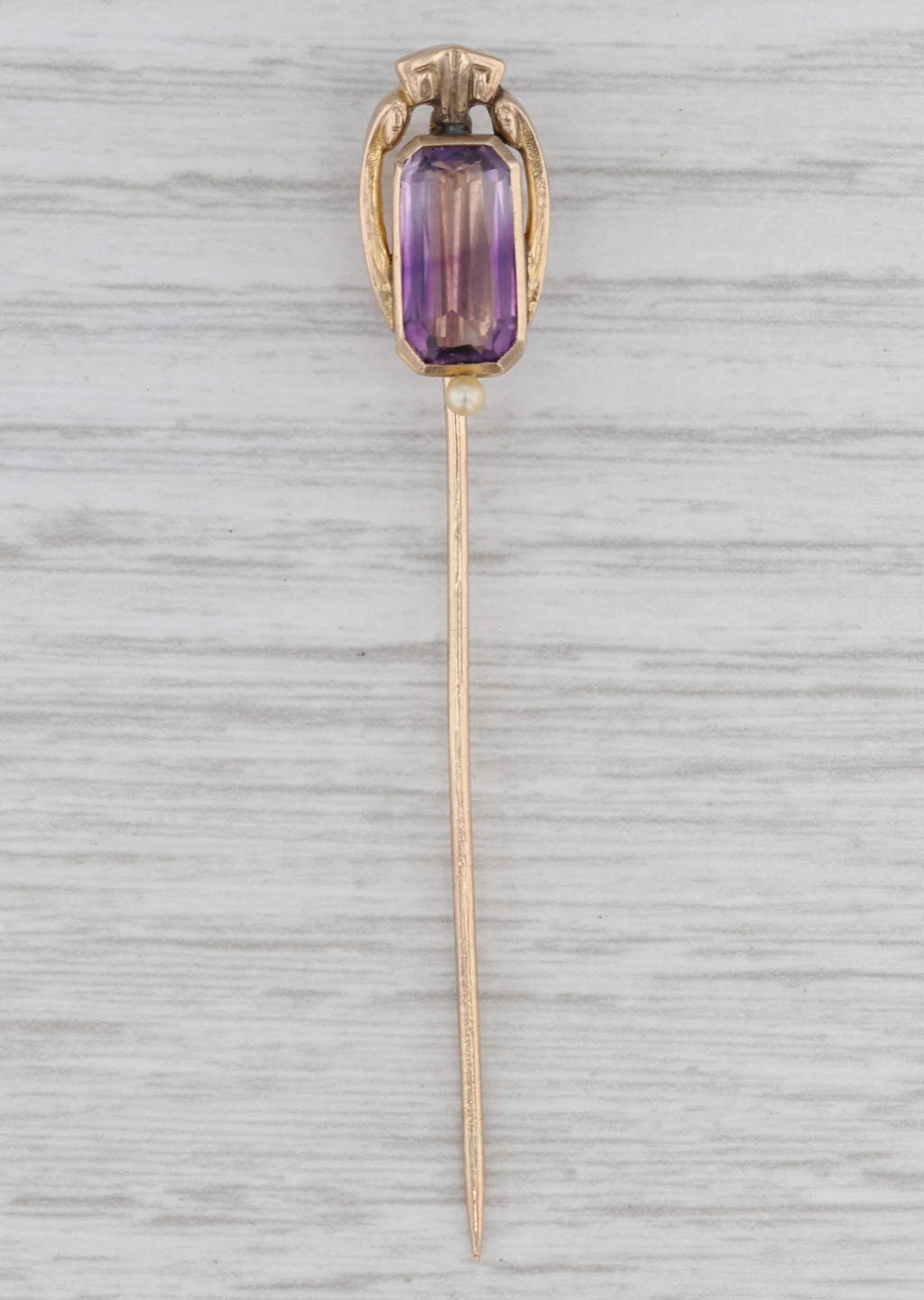 Vintage Amethyst Seed Pearl Stickpin 10k Yellow Gold