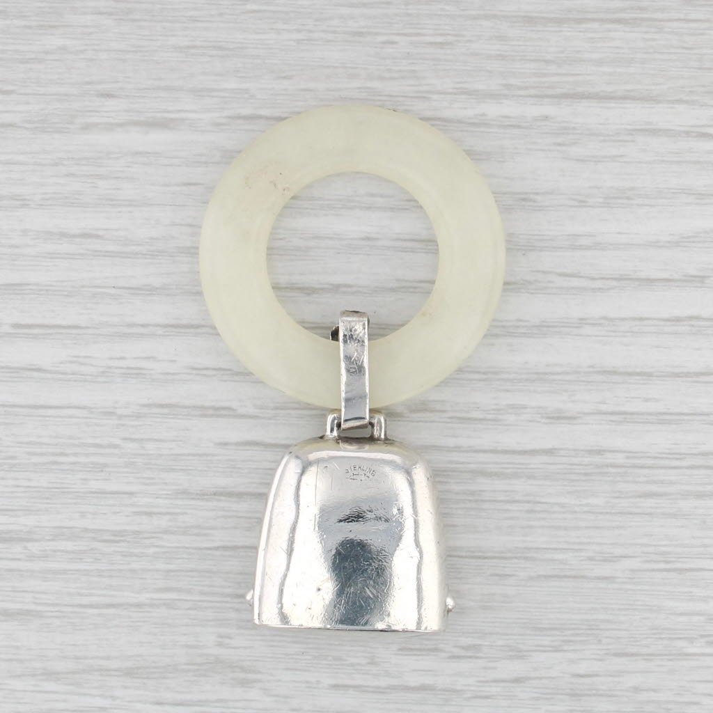 Antique Baby Teething Ring Bell Sterling Silver Resin Birth Record Engravable