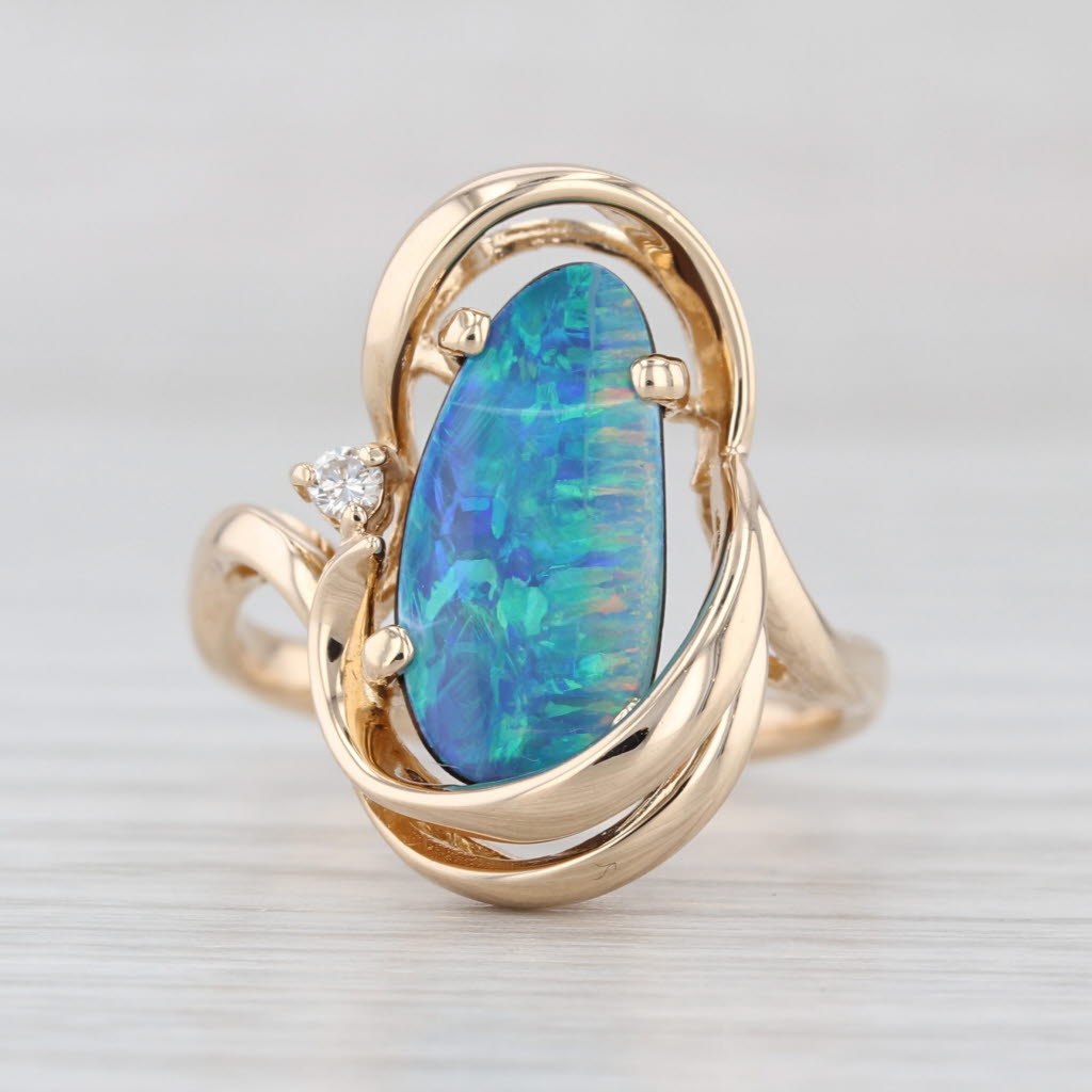 Baroque Oval Blue Green Opal Doublet Ring 14k Yellow Gold Diamond Accents Sz 7