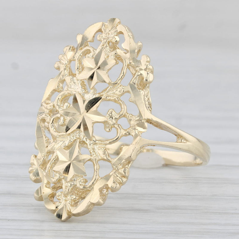 Light Gray Ornate Floral Openwork Ring 14k Yellow Gold Size 10.5 Statement