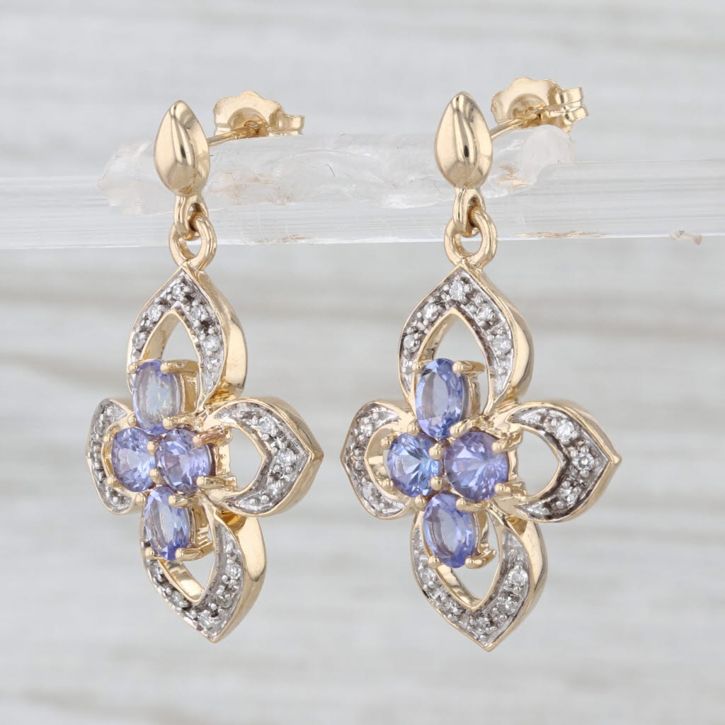 1.64ctw Tanzanite Diamond Flower Dangle Earrings 14k Yellow Gold Drops