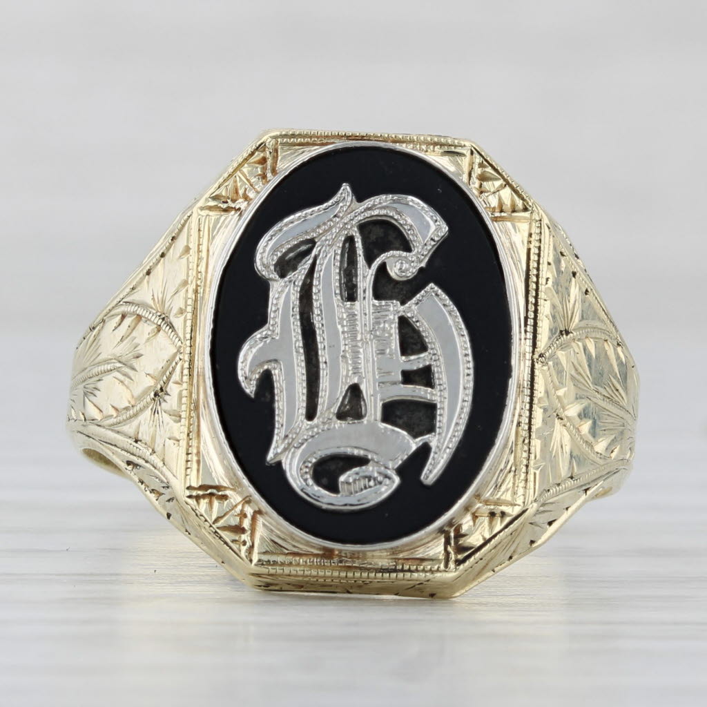 Light Gray Vintage Ornate Old English Letter "G" Onyx Signet Ring 14k Gold Size 12