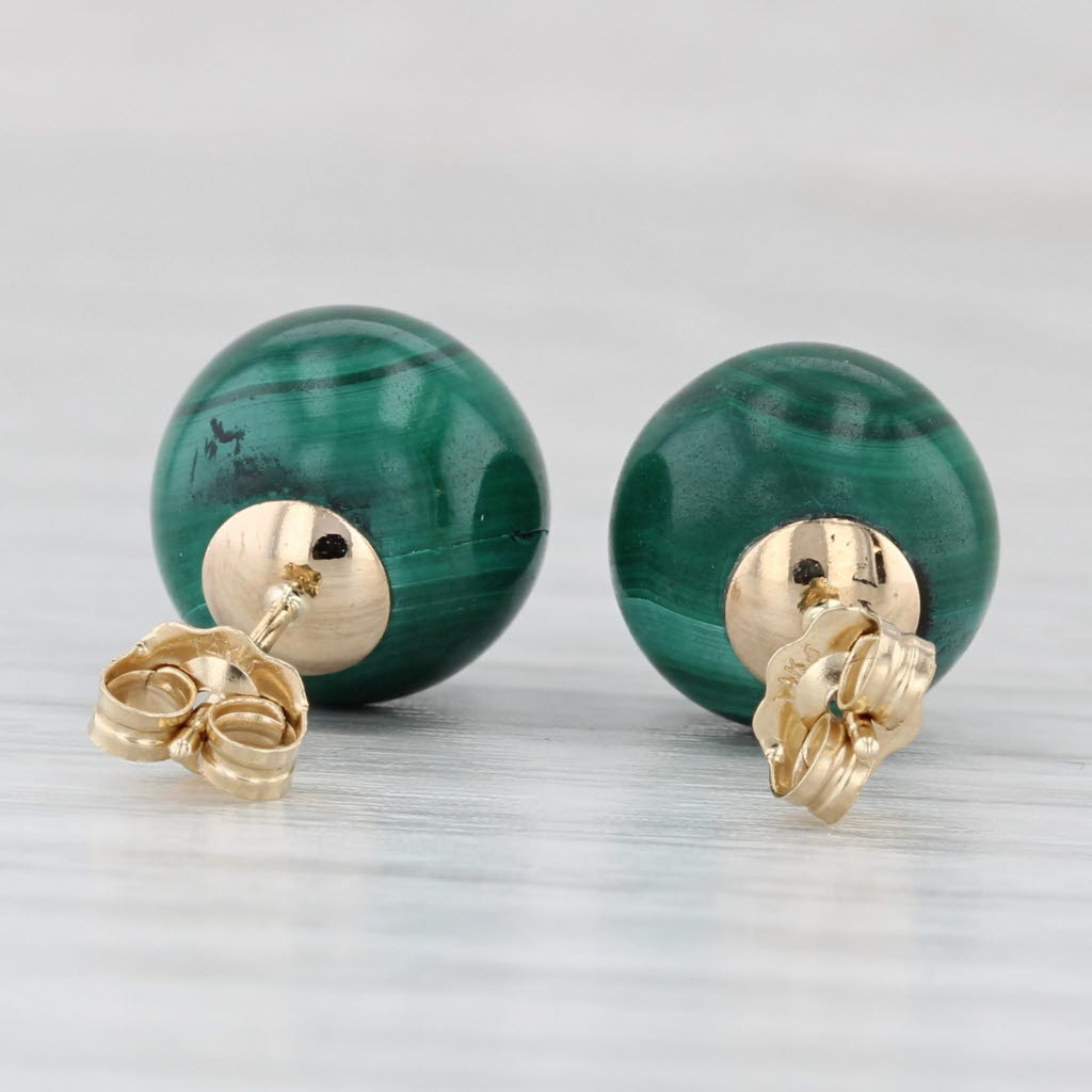 Light Gray Vintage Green Malachite Stud Earrings 14k Yellow Gold Round Bead Studs