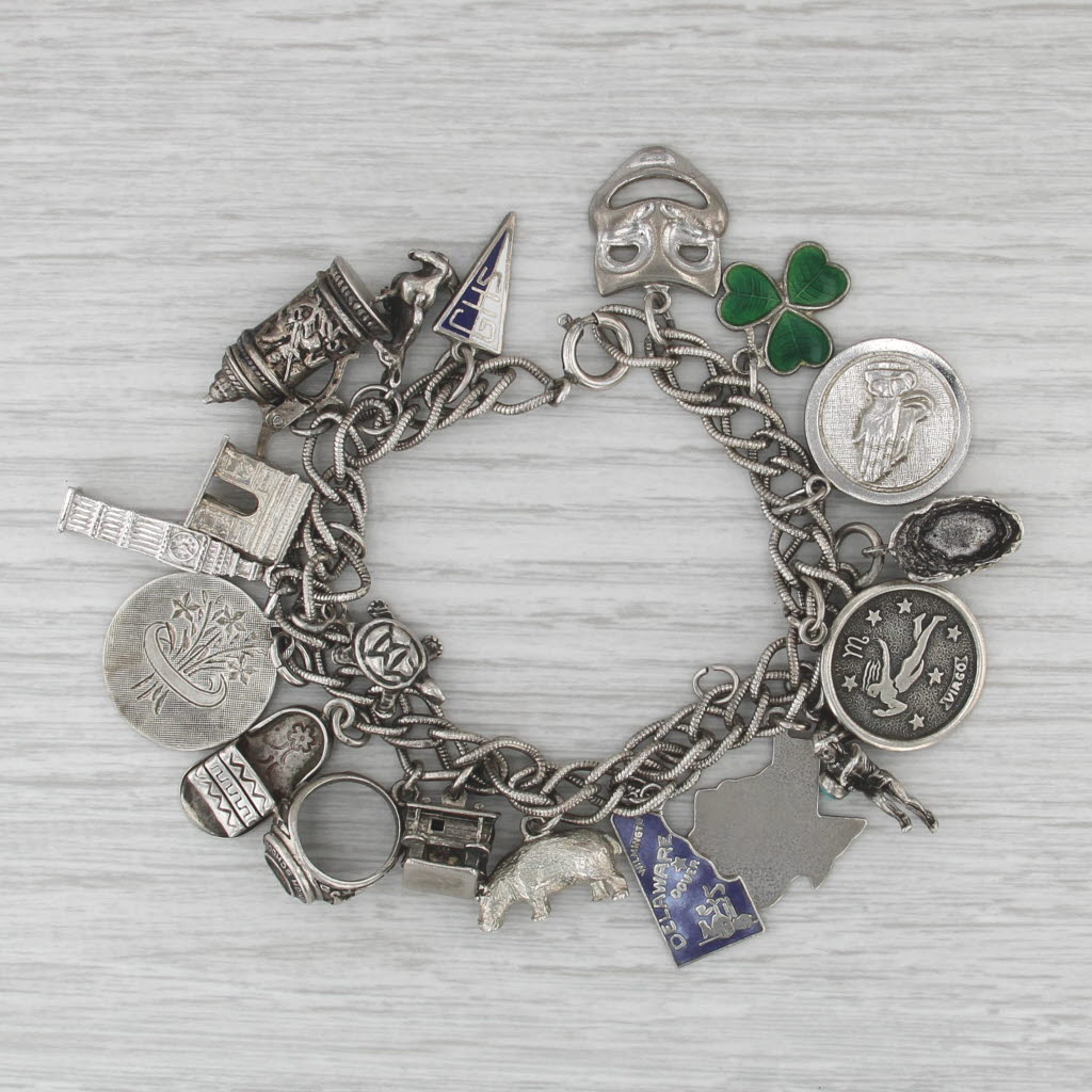 Vintage Multi-themed Charm Bracelet Sterling Silver Travel Luck Animal 7"
