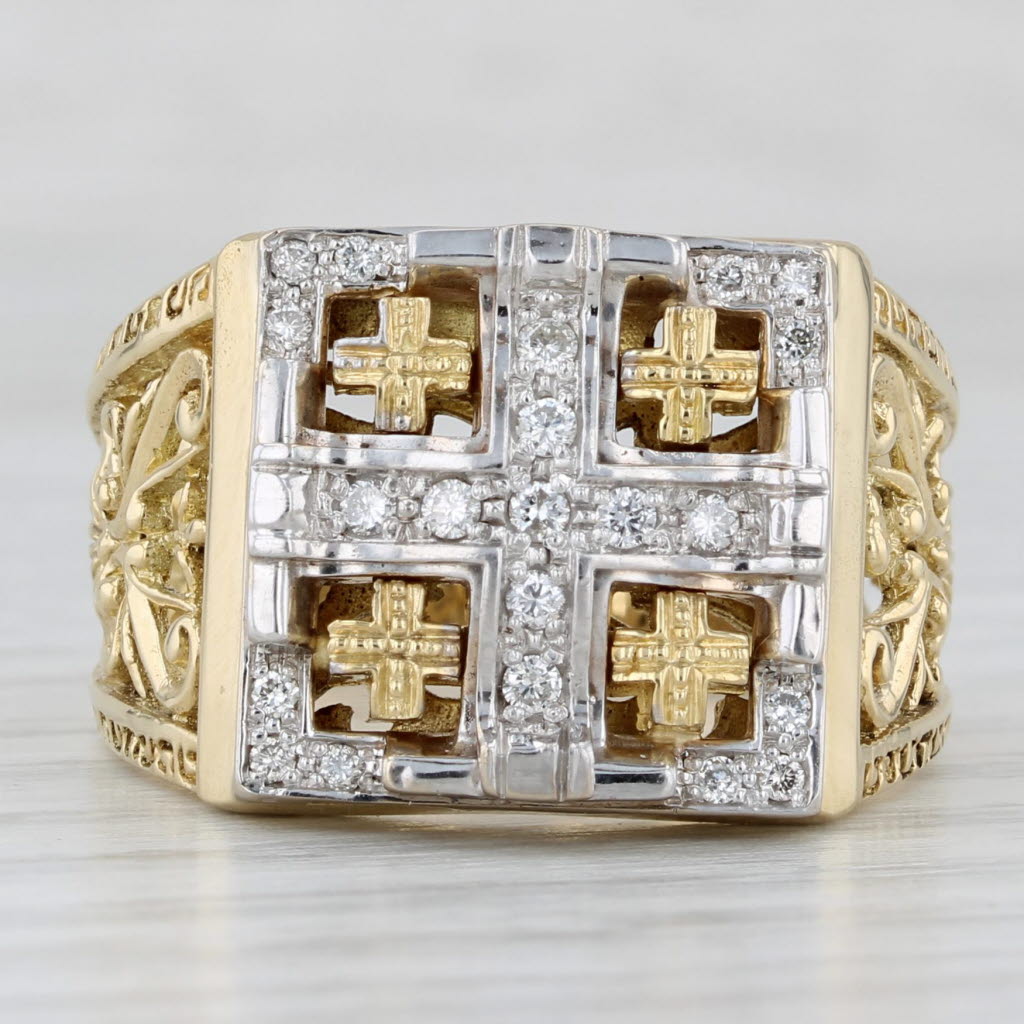 Light Gray 0.20ctw Diamond Jerusalem Cross Ornate Ring 18k White Yellow Gold Size 11