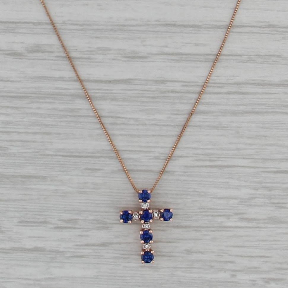 Lab Created Sapphire Diamond Cross Pendant Necklace 10k Rose Gold 18" Box Chain