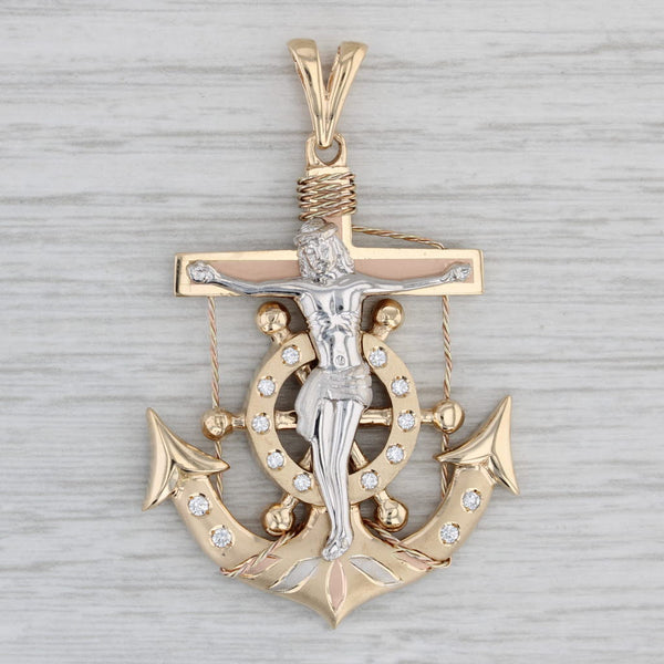 Cubic Zirconia Crucifix Anchor Mariners Cross Pendant 14k Gold tri-toned