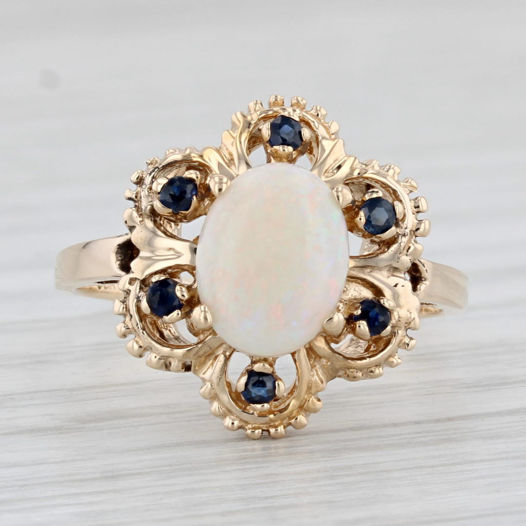 Light Gray Oval Opal Cabochon Sapphire Flower Ring 14k Yellow Gold Size 8