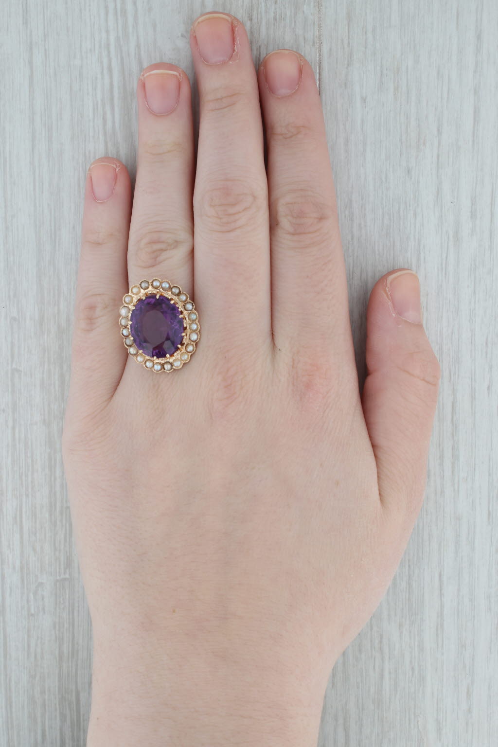 Gray Vintage Amethyst Pearl Halo Cocktail Ring 12k Yellow Gold Size 8.5