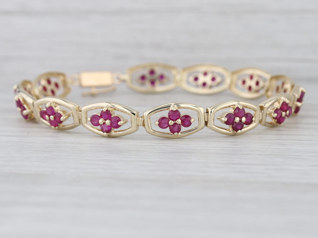 4ctw Ruby Flower Tennis Bracelet 14k Yellow Gold 7.25" 7.5mm