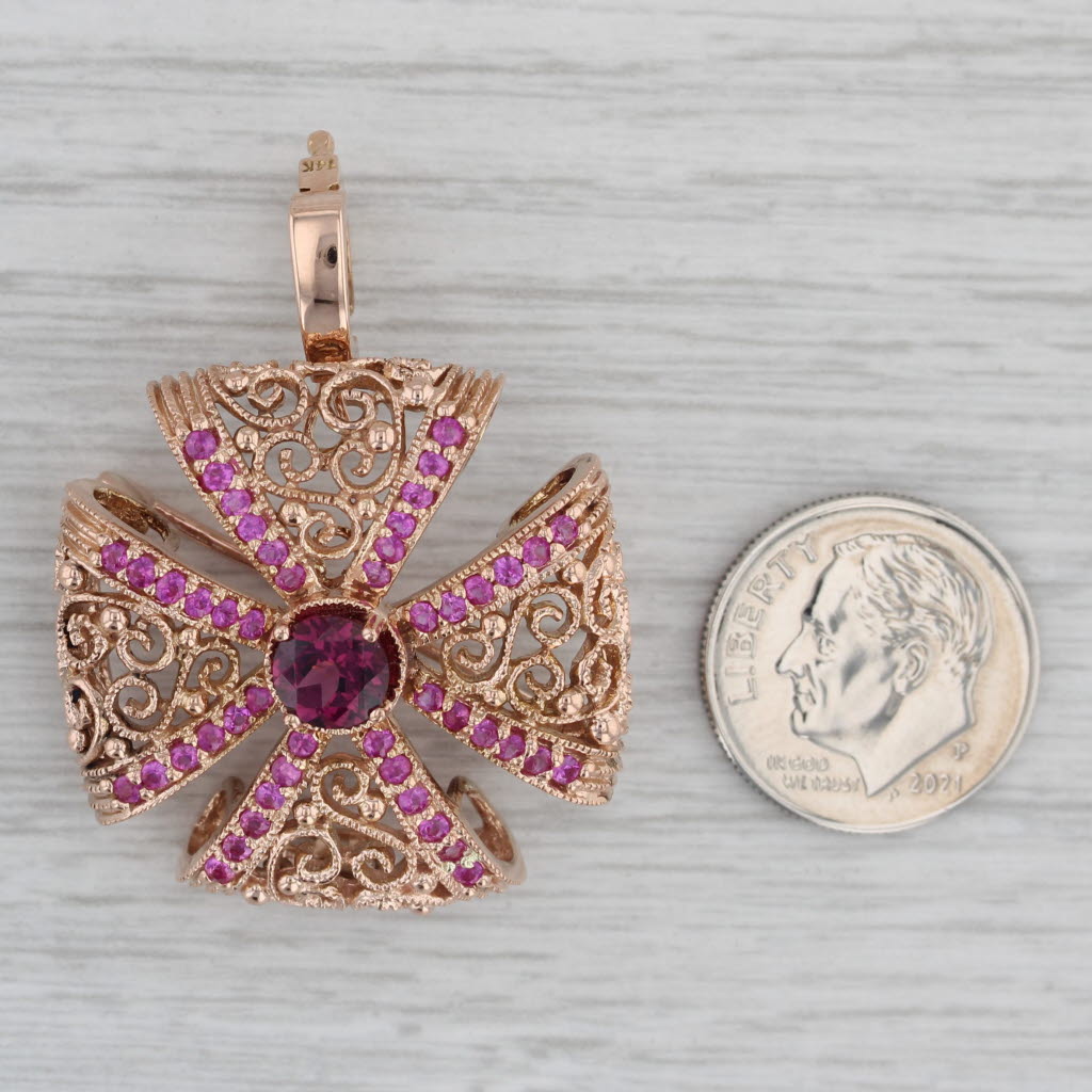 Gray 2ctw Red Garnet Pink Sapphire Filigree Cross Pendant Brooch 14k Rose Gold