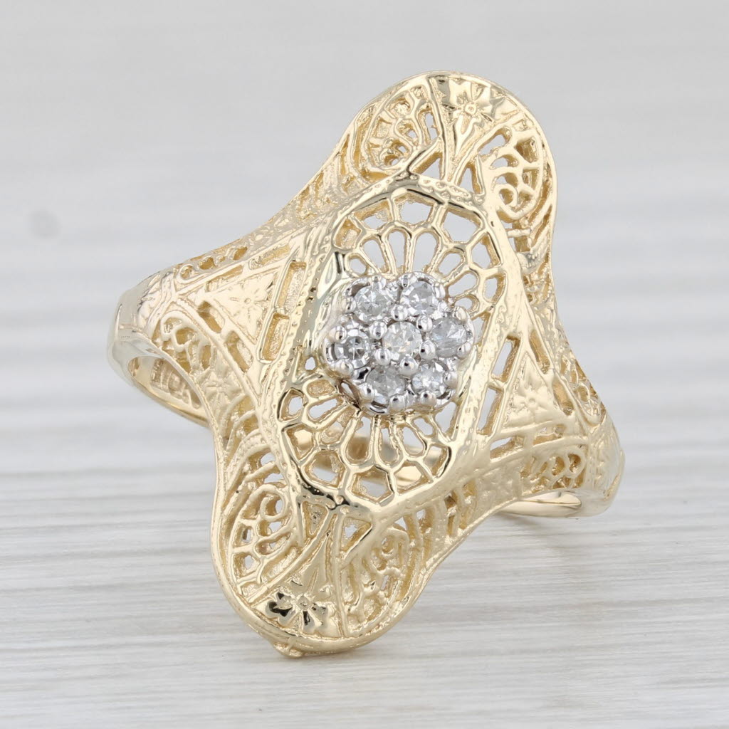 Light Gray Vintage Diamond Cluster Filigree Ring 10k Yellow Gold Size 6