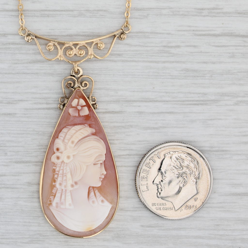 Gray Carved Shell Cameo Teardrop Pendant Necklace 14k Yellow Gold 16.5" Cable Chain