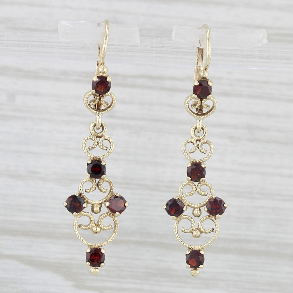 Light Gray Ornate 1.10ctw Garnet Dangle Earrings 14k Yellow Gold Lever Back Drops