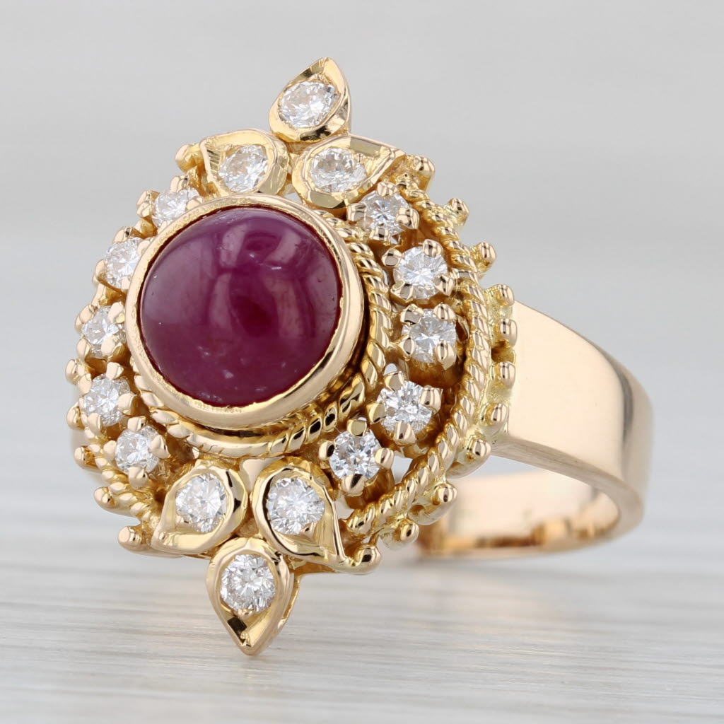 Light Gray Ruby Diamond Halo Ring 18k Yellow Gold Size 6.5 Vintage Cocktail