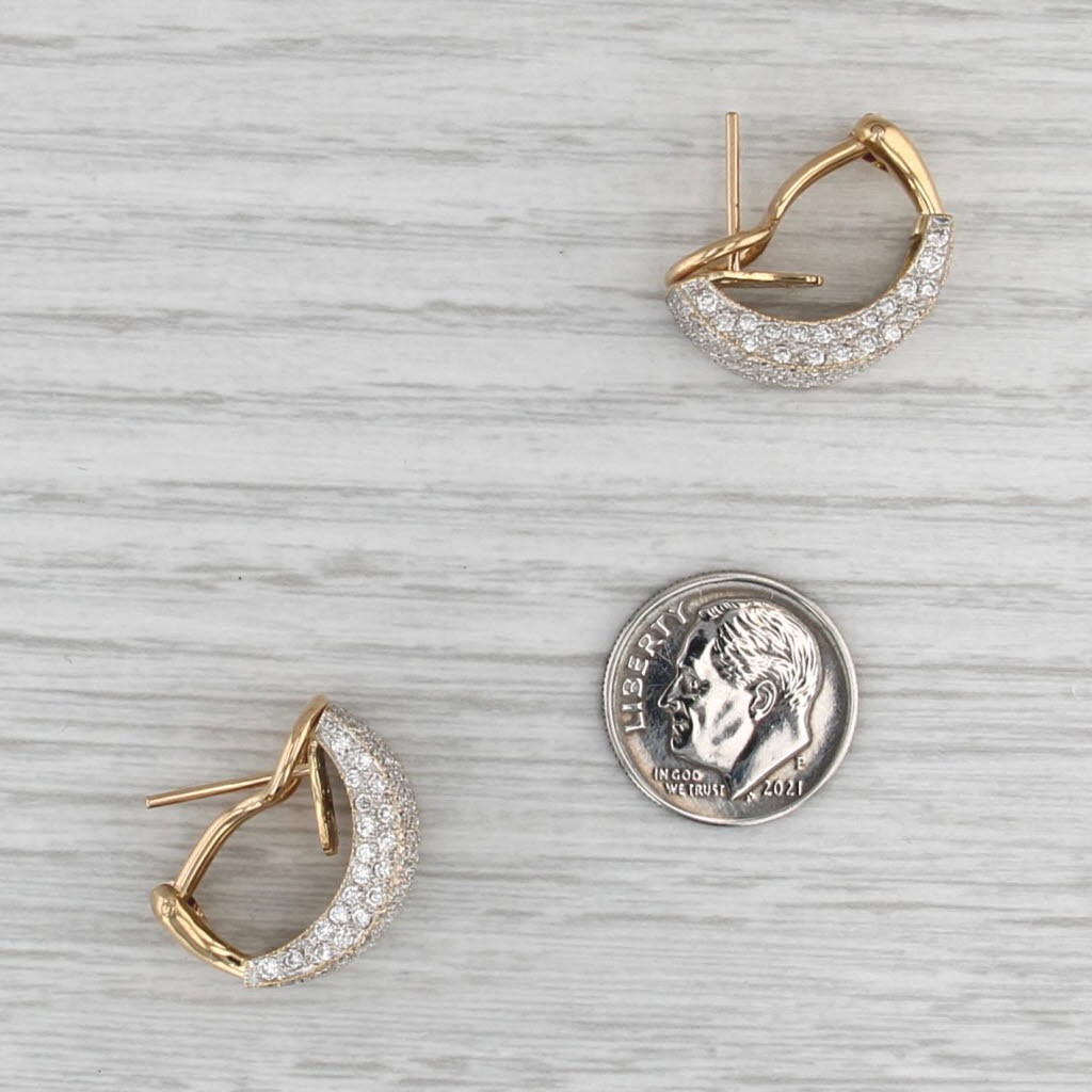 2.28ctw Pave Diamond Half Hoop Earrings 18k Yellow Gold Omega Back Drops