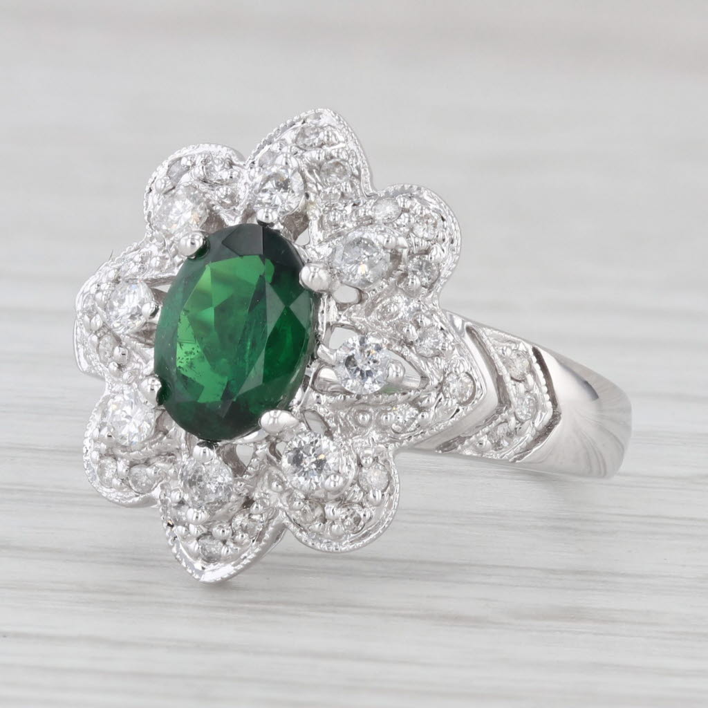 Light Gray 1.40ctw Oval Green Tsavorite Diamond Floral 14k White Gold Ring Size 7.25