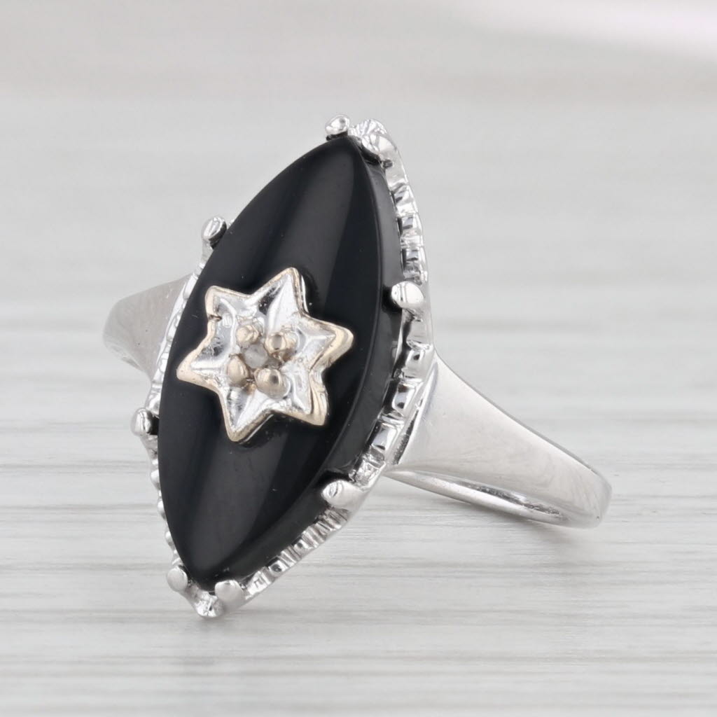 Light Gray Onyx Diamond Star Signet Ring 10k White Gold Size 4 Vintage