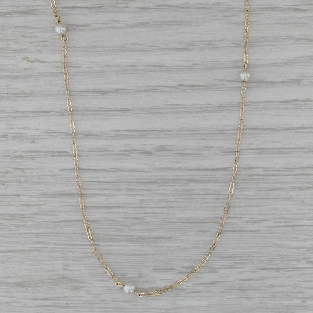 18.25" Cultured Pearl Bead Station Necklace 14k Yellow Gold Crinkle Chain