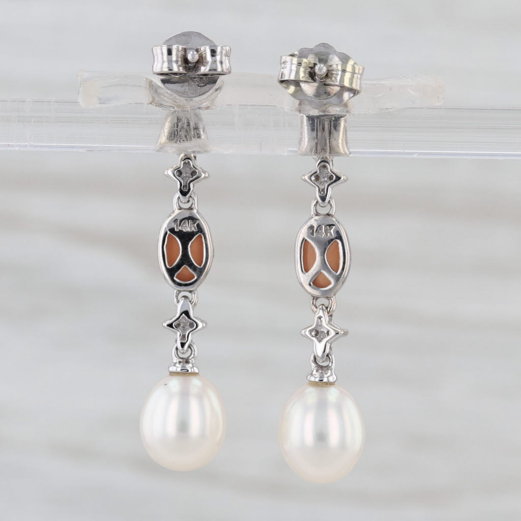 Moonstone Diamond Cultured Pearl Dangle Earrings 14k White Gold Drops
